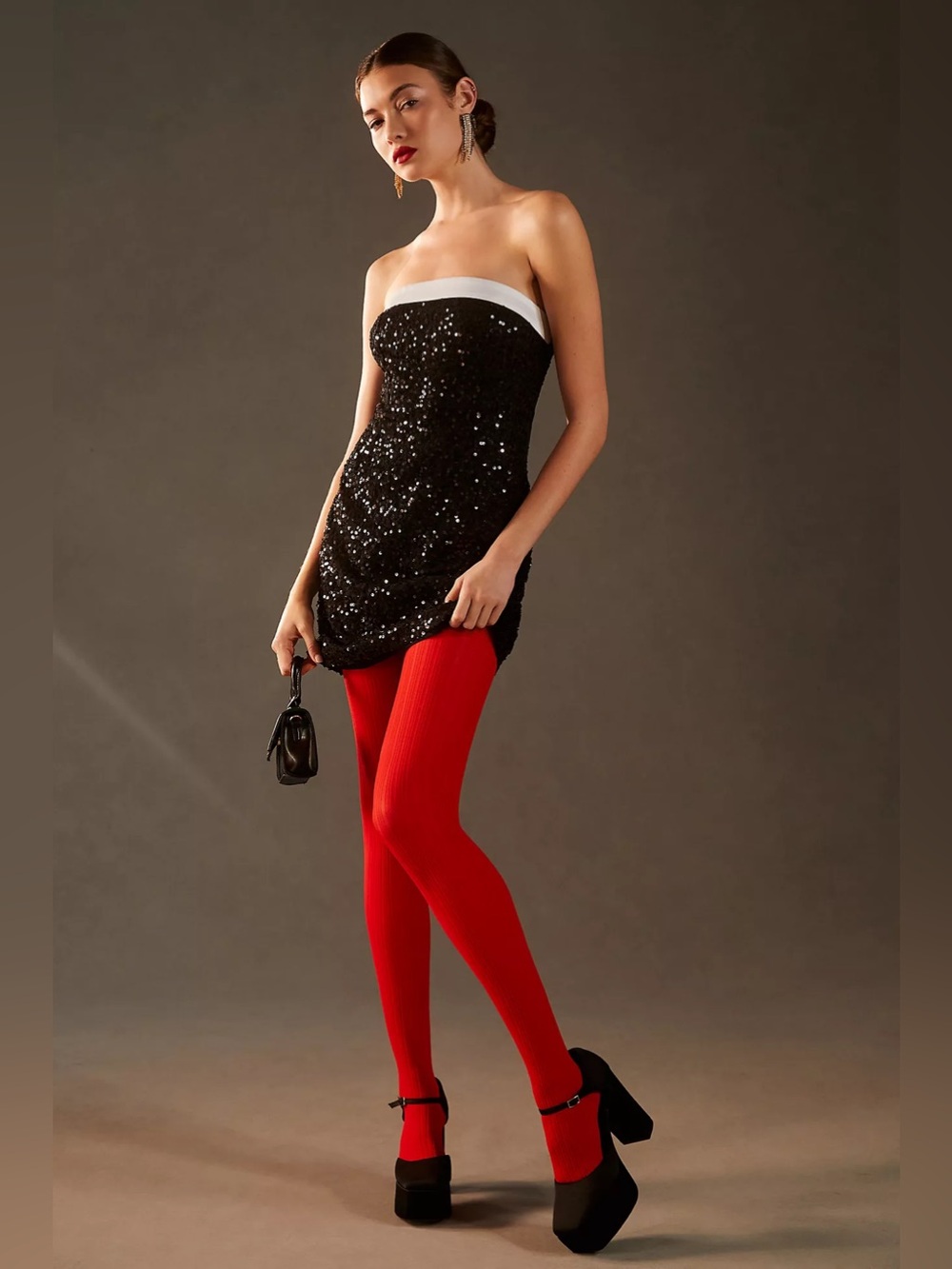 Anthropologie Black Sequin Strapless Cocktail Dress with White Trim